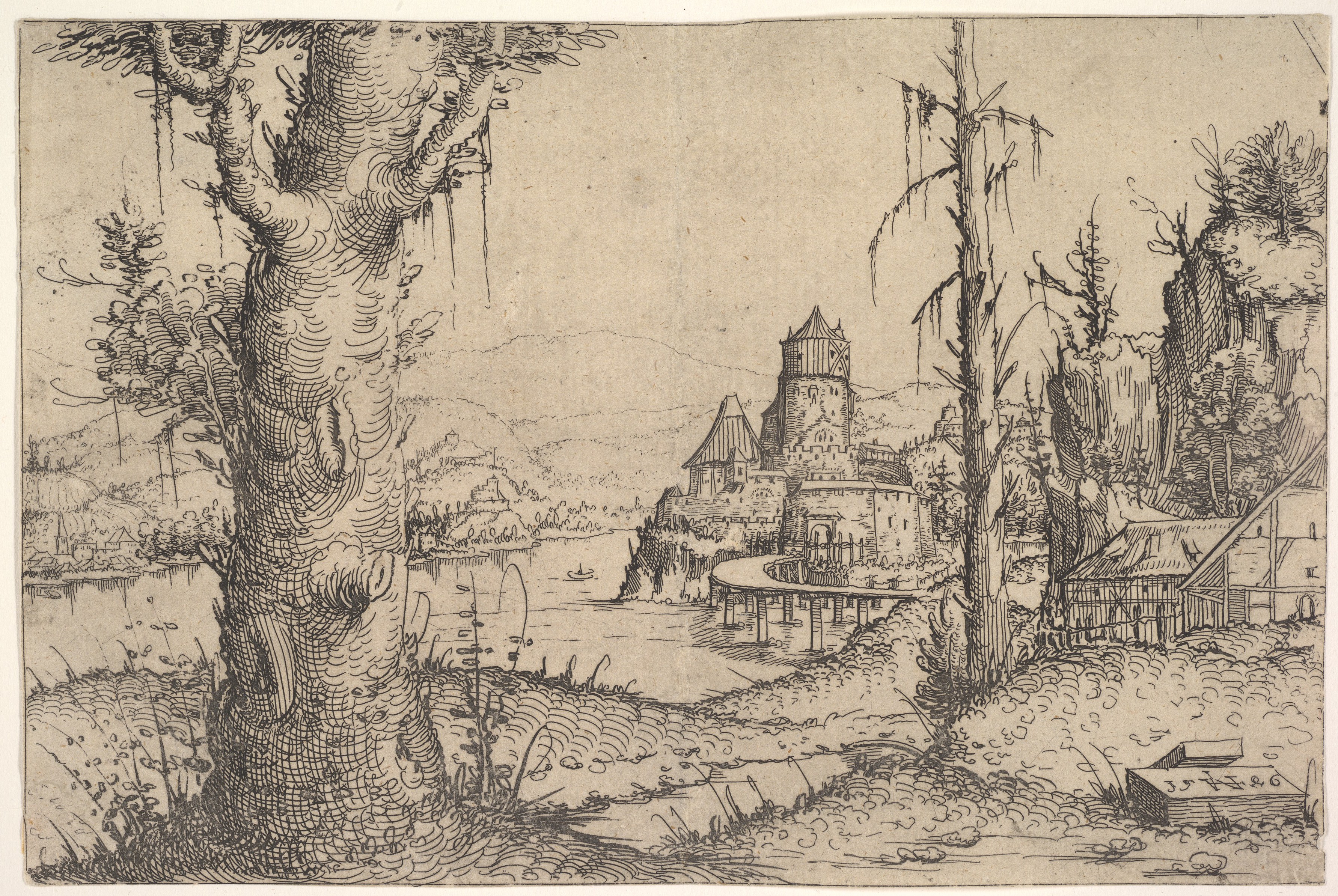 A river, bridge and distant castle framed by trees in Augustin Hirschvogel’s 1546 landscape etching.