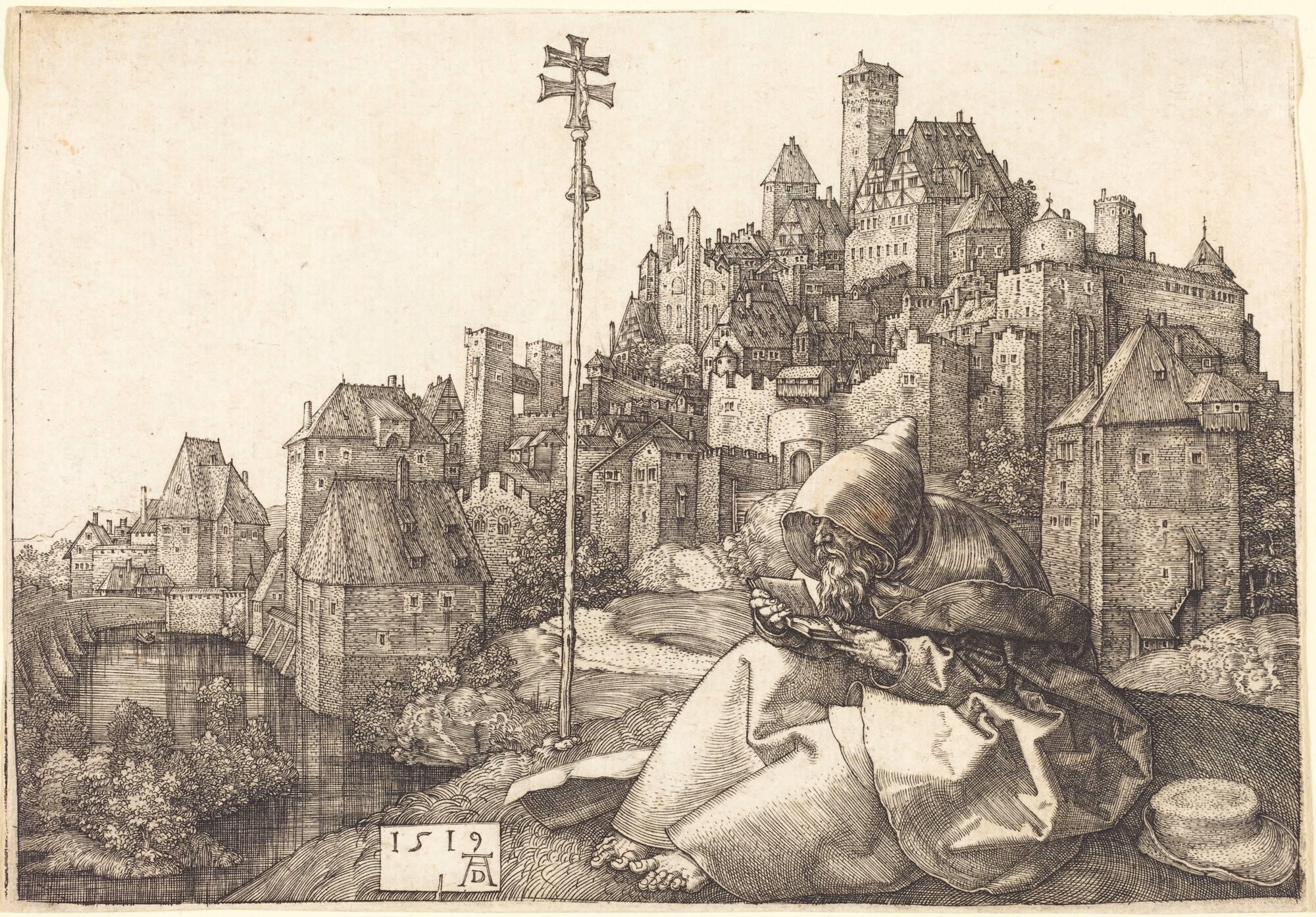 Albrecht Dürer's Saint Anthony Reading: the saint reads beside a tall cross, with a walled city behind him and the 1519 date and Dürer monogram below.