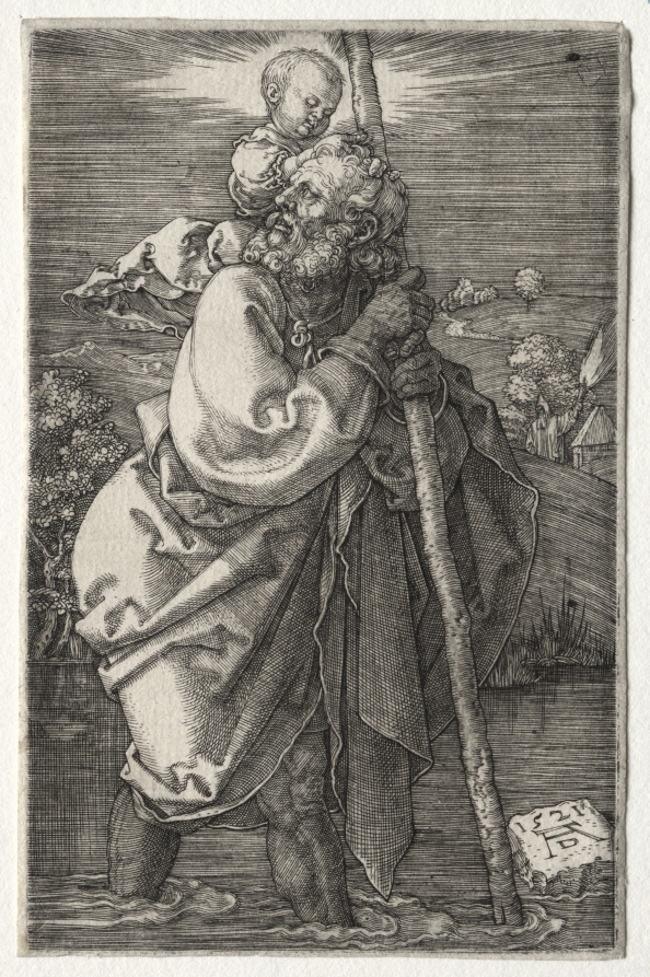 Albrecht Dürer's Saint Christopher: a strong figure braces against a staff and wades through water while carrying the Christ child on his shoulder.